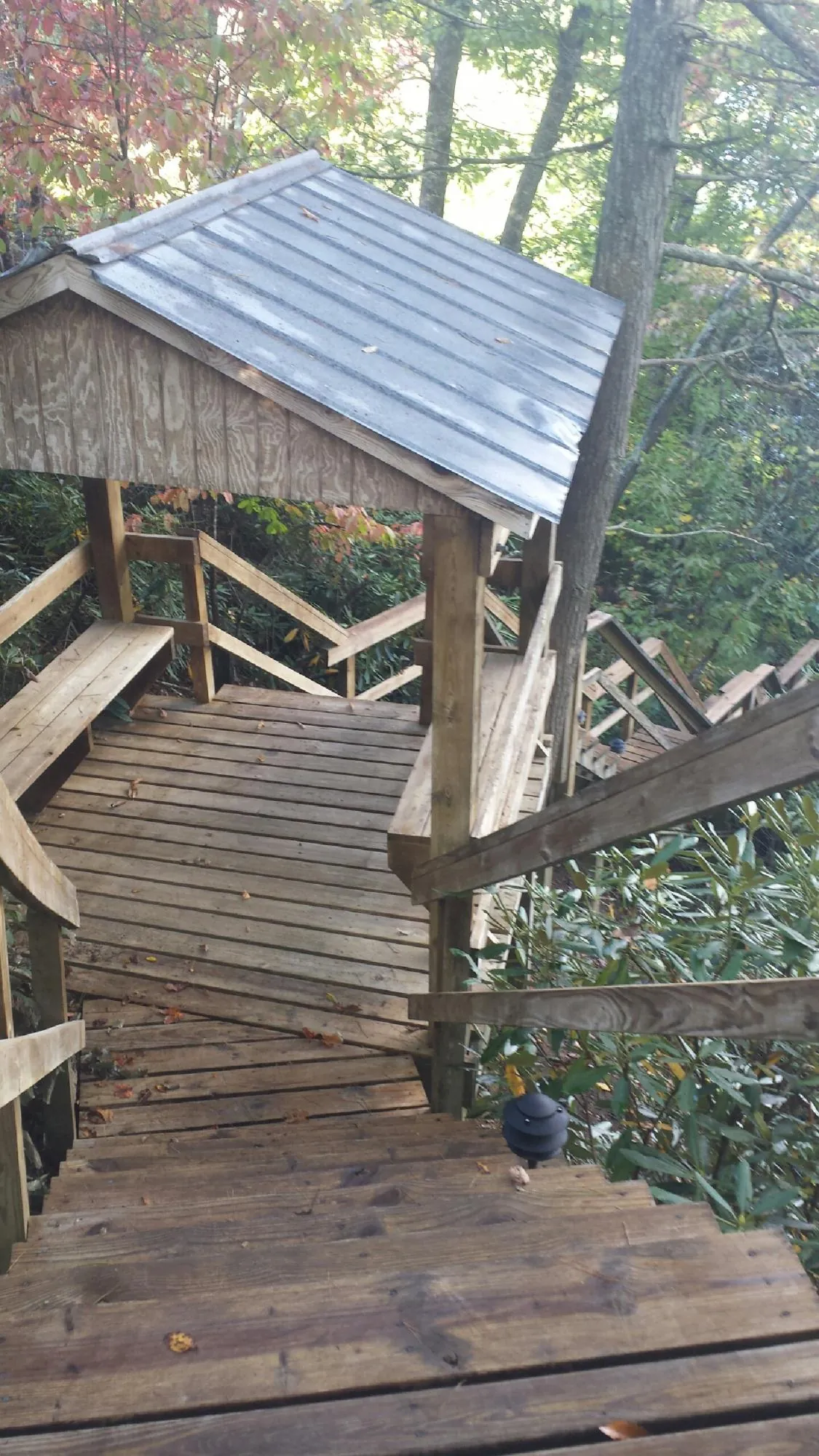 Metal roofed shelter over wooden steps on a wooded walkway — Skylight Repair & Installation work by our crew in Ruffs Dale